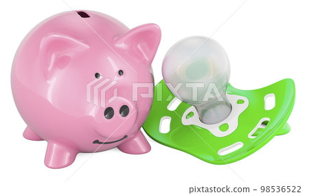 Baby pacifier with piggy bank, 3D rendering Baby pacifier with piggy bank, 3D rendering 98536522