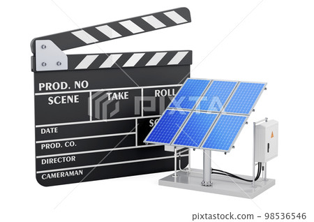 Clapperboard with solar panel, 3D rendering 98536546
