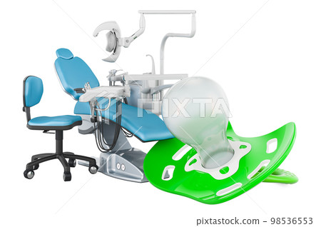 Dental care for baby teeth. Baby pacifier with dental chair, 3D rendering Dental care for baby teeth. Baby pacifier with dental chair, 3D rendering 98536553
