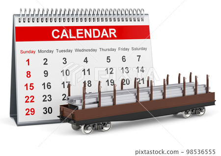 Desk calendar and railroad car with stack of rolled metal products 98536555