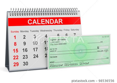 Desk calendar with bank check, 3D rendering 98536556