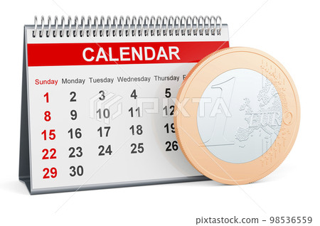 Desk calendar with euro coin, 3D rendering 98536559