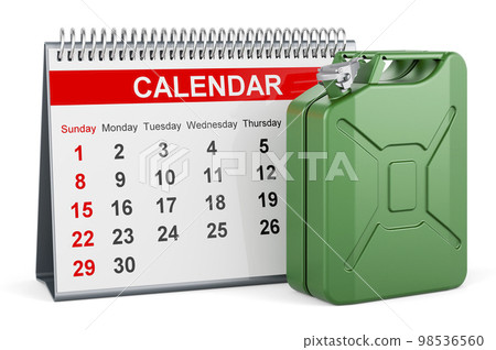 Desk calendar with jerrycan, 3D rendering Desk calendar with jerrycan, 3D rendering 98536560