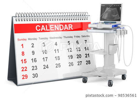 Desk calendar with Medical Ultrasound Diagnostic Machine, 3D rendering Desk calendar with Medical Ultrasound Diagnostic Machine, 3D rendering 98536561