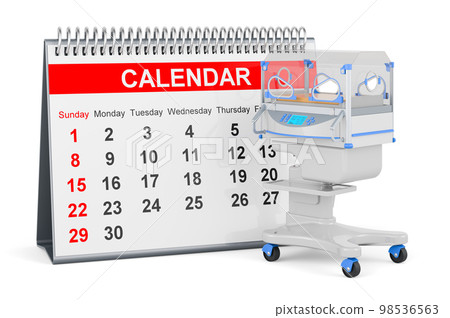 Desk calendar with neonatal incubator, 3D rendering 98536563