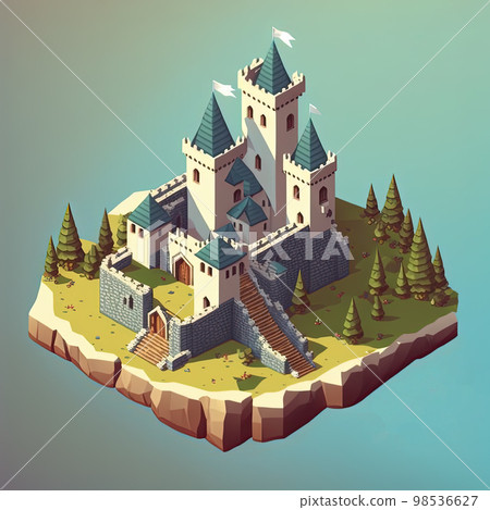 Cartoon isometric medieval castle with towers, bridge and gates. Generative AI 98536627