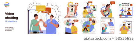Video chatting concept with character situations collection. Bundle of scenes people people communicate online using programs for mobile phones or laptops. Vector illustrations in flat web design 98536652