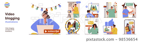 Video blogging concept with character situations collection. Bundle of scenes people shoot video reviews for blogs on cameras, live broadcasts with followers. Vector illustrations in flat web design Video blogging concept with character situations collection. Bundle of scenes people shoot video reviews for blogs on cameras, live broadcasts with followers. Vector illustrations in flat web design 98536654