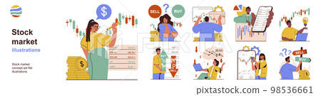 Stock market concept with character situations collection. Bundle of scenes people analyze data on stock trading exchange, buy and sell on successful strategy. Vector illustrations in flat web design Stock market concept with character situations collection. Bundle of scenes people analyze data on stock trading exchange, buy and sell on successful strategy. Vector illustrations in flat web design 98536661