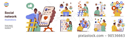 Social network concept with character situations collection. Bundle of scenes people use mobile applications for communicate online in chats and messengers. Vector illustrations in flat web design Social network concept with character situations collection. Bundle of scenes people use mobile applications for communicate online in chats and messengers. Vector illustrations in flat web design 98536663