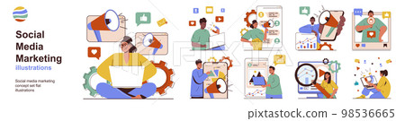 Social media marketing concept with character situations collection. Bundle of scenes people analyze market, create promotion strategy, make ads for business. Vector illustrations in flat web design Social media marketing concept with character situations collection. Bundle of scenes people analyze market, create promotion strategy, make ads for business. Vector illustrations in flat web design 98536665