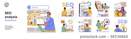 Seo analysis concept with character situations collection. Bundle of scenes people study and optimize search query metrics, keywords and website traffic. Vector illustrations in flat web design Seo analysis concept with character situations collection. Bundle of scenes people study and optimize search query metrics, keywords and website traffic. Vector illustrations in flat web design 98536668