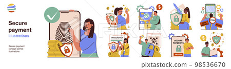 Secure payment concept with character situations collection. Bundle of scenes people get access to personal data or account with fingerprint scanner, password. Vector illustrations in flat web design 98536670
