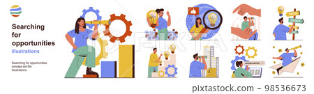 Searching for opportunities concept with character situations collection. Bundle of scenes people with spyglasses and magnifiers looking for career directions. Vector illustrations in flat web design Searching for opportunities concept with character situations collection. Bundle of scenes people with spyglasses and magnifiers looking for career directions. Vector illustrations in flat web design 98536673