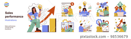 Sales performance concept with character situations collection. Bundle of scenes people analyze graphs data, increase business profits and commercial success. Vector illustrations in flat web design Sales performance concept with character situations collection. Bundle of scenes people analyze graphs data, increase business profits and commercial success. Vector illustrations in flat web design 98536679