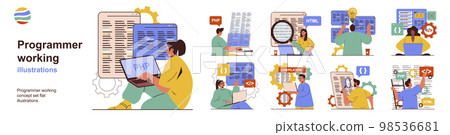 Programmer working concept with character situations collection. Bundle of scenes people work with code, create programs and software, work in IT company. Vector illustrations in flat web design Programmer working concept with character situations collection. Bundle of scenes people work with code, create programs and software, work in IT company. Vector illustrations in flat web design 98536681