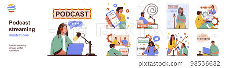 Podcast streaming concept with character situations collection. Bundle of scenes people recording educational and entertainment podcasts or interview in studio. Vector illustrations in flat web design Podcast streaming concept with character situations collection. Bundle of scenes people recording educational and entertainment podcasts or interview in studio. Vector illustrations in flat web design 98536682