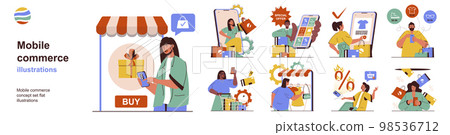 Mobile commerce concept with character situations collection. Bundle of scenes people shopping online using apps, choosing products, buying with discounts. Vector illustrations in flat web design 98536712