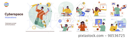 Cyberspace concept with character situations collection. Bundle of scenes people in VR headset learning science in virtual reality, watch content, play games. Vector illustrations in flat web design Cyberspace concept with character situations collection. Bundle of scenes people in VR headset learning science in virtual reality, watch content, play games. Vector illustrations in flat web design 98536725