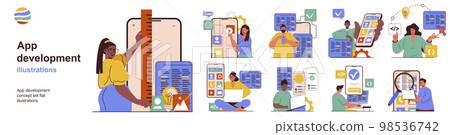 App development concept with character situations collection. Bundle of scenes people creating application and ui design for mobile phone, making software. Vector illustrations in flat web design App development concept with character situations collection. Bundle of scenes people creating application and ui design for mobile phone, making software. Vector illustrations in flat web design 98536742