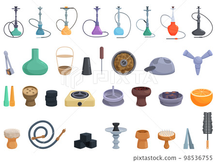Hookah accessories icons set cartoon vector. Smoke menu. Leaf health 98536755