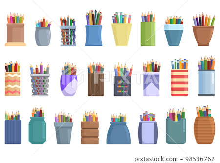 Pencil stand icons set cartoon vector. Office school. Holder art 98536762