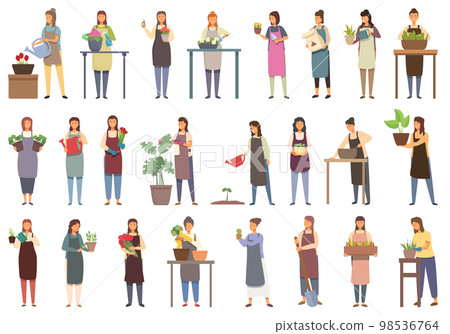 Girl caring for flowers icons set cartoon vector. Plant pouring. Flower nature Girl caring for flowers icons set cartoon vector. Plant pouring. Flower nature 98536764