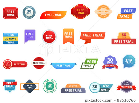 Free with trial icons set cartoon vector. Demo test. Free offer 98536766