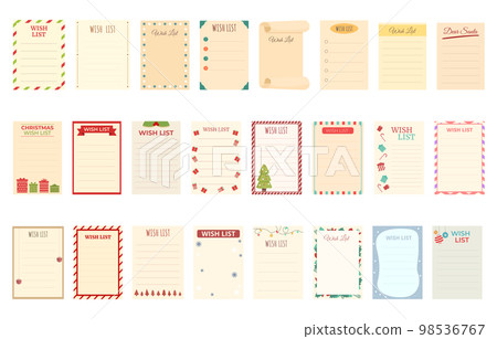 Wish list icons set cartoon vector. Christmas post. Winter wishlist Wish list icons set cartoon vector. Christmas post. Winter wishlist 98536767