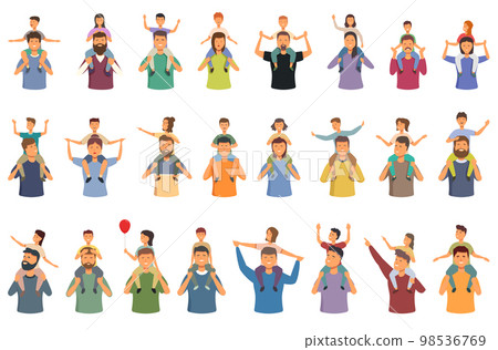 Child on parents shoulders icons set cartoon vector. Children day. Child on parents shoulders icons set cartoon vector. Children day. 98536769