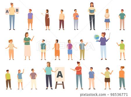 Kindergartener icons set cartoon vector. Teacher preschool. Woman child Kindergartener icons set cartoon vector. Teacher preschool. Woman child 98536771