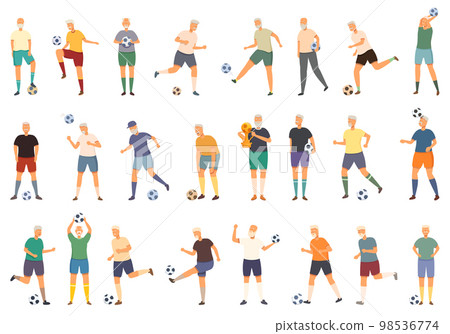 Elderly people play soccer icons set cartoon vector. Soccer man. Football sport Elderly people play soccer icons set cartoon vector. Soccer man. Football sport 98536774