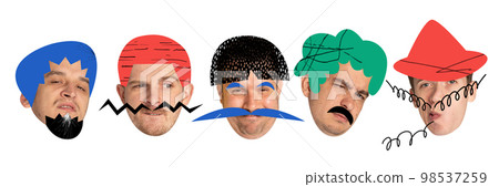 Set of icons of male faces, heads with different style haircuts drawn in cartoon style. Men with diverse positive and negative emotions. Art, fashion, design Set of icons of male faces, heads with different style haircuts drawn in cartoon style. Men with diverse positive and negative emotions. Art, fashion, design 98537259