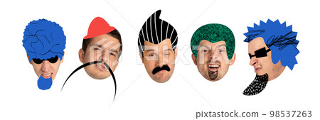 Contemporary collage made with male faces, heads with different style haircuts and hats drawn in cartoon style. Men with with funny facial expressions. 98537263
