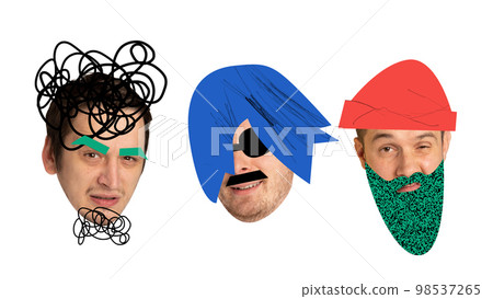 Contemporary collage made with male faces, heads with different style haircuts and hats drawn in cartoon style. Men with with funny facial expressions. Contemporary collage made with male faces, heads with different style haircuts and hats drawn in cartoon style. Men with with funny facial expressions. 98537265