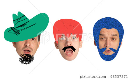 Set of icons of male faces, heads with different style haircuts drawn in cartoon style. Men with diverse positive and negative emotions. Art, fashion, design Set of icons of male faces, heads with different style haircuts drawn in cartoon style. Men with diverse positive and negative emotions. Art, fashion, design 98537271