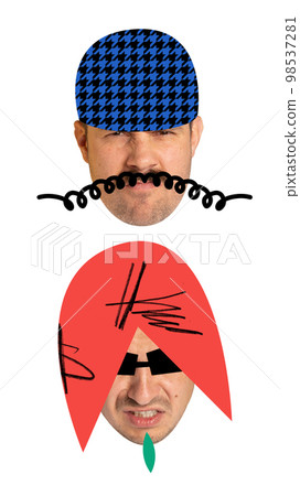 Creative artwork with funny male faces, heads with funny hats and haircuts drawn in cartoon caricature style. Men grimacing. Concept of fashion, ideas, inspiration. Creative artwork with funny male faces, heads with funny hats and haircuts drawn in cartoon caricature style. Men grimacing. Concept of fashion, ideas, inspiration. 98537281