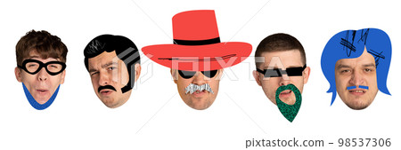 Set of icons of male faces, heads with different style haircuts drawn in cartoon style. Men with diverse positive and negative emotions. Horizontal banner Set of icons of male faces, heads with different style haircuts drawn in cartoon style. Men with diverse positive and negative emotions. Horizontal banner 98537306
