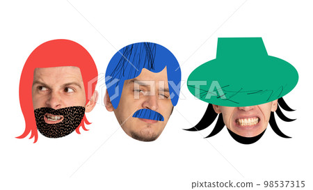Contemporary collage made with male faces, heads with different style haircuts and hats drawn in cartoon style. Men with with funny facial expressions. Contemporary collage made with male faces, heads with different style haircuts and hats drawn in cartoon style. Men with with funny facial expressions. 98537315