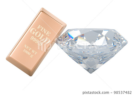 Diamond with gold bar, 3D rendering Diamond with gold bar, 3D rendering 98537482