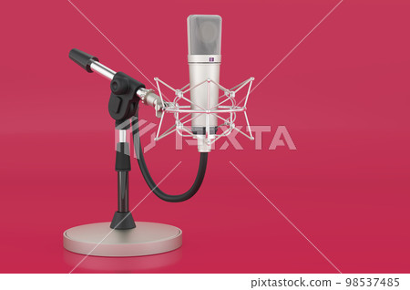 Diaphragm condenser studio microphone with shock-mount on the tabletop suspension in trending viva magenta colors, 3D rendering Diaphragm condenser studio microphone with shock-mount on the tabletop suspension in trending viva magenta colors, 3D rendering 98537485