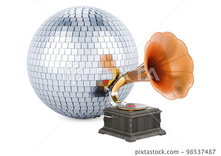 Disco ball mirror with gramophone, 3D rendering 98537487