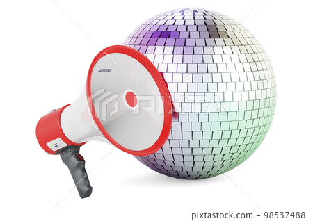 Disco ball mirror with megaphone, 3D rendering Disco ball mirror with megaphone, 3D rendering 98537488