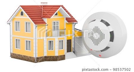 House with fire and flame detector, 3D rendering House with fire and flame detector, 3D rendering 98537502