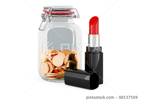 Lipstick with glass jar full of golden coins, 3D rendering Lipstick with glass jar full of golden coins, 3D rendering 98537509