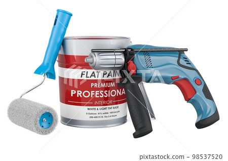 Paint can and roller brush with electric drill. 3D rendering 98537520