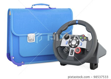Schoolbag with gaming steering wheel, 3D rendering Schoolbag with gaming steering wheel, 3D rendering 98537533