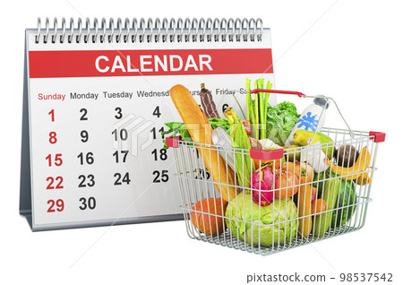 Shopping  full of grocery products with desk calendar, 3D rendering Shopping  full of grocery products with desk calendar, 3D rendering 98537542