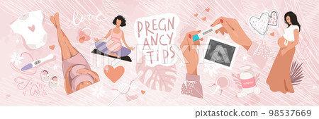 Modern art collage of pregnancy, pregnant woman, positive test, ultrasound scan, baby bodysuit. Pregnancy tips. Maternity vector banner, conception and childbirth. Vector illustration. Modern art collage of pregnancy, pregnant woman, positive test, ultrasound scan, baby bodysuit. Pregnancy tips. Maternity vector banner, conception and childbirth. Vector illustration. 98537669
