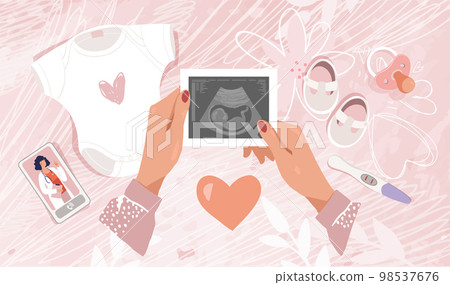 Modern pregnancy banner, female hands holding a baby ultrasound, a call to the doctor, a nipple and a positive pregnancy test. Vector poster of preparation for childbirth. Modern pregnancy banner, female hands holding a baby ultrasound, a call to the doctor, a nipple and a positive pregnancy test. Vector poster of preparation for childbirth. 98537676